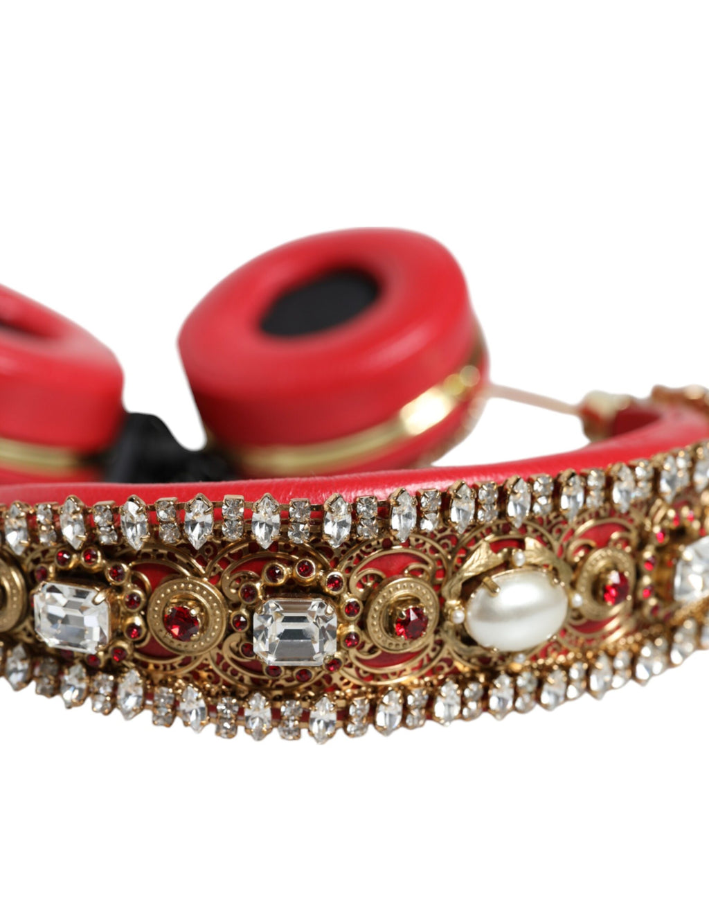 Dolce & Gabbana Red Nappa Leather Floral Crystal Headphone - Maison Luxe