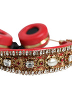 Dolce & Gabbana Red Nappa Leather Floral Crystal Headphone - Maison Luxe