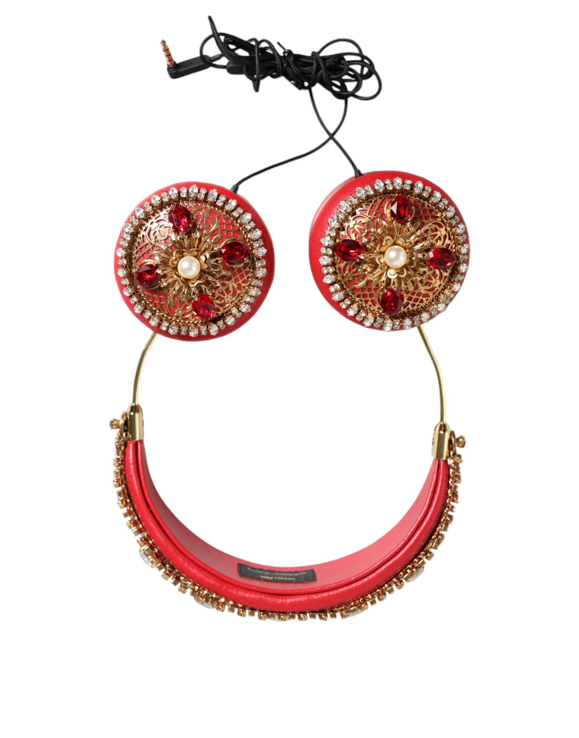 Dolce & Gabbana Red Nappa Leather Floral Crystal Headphone - Maison Luxe