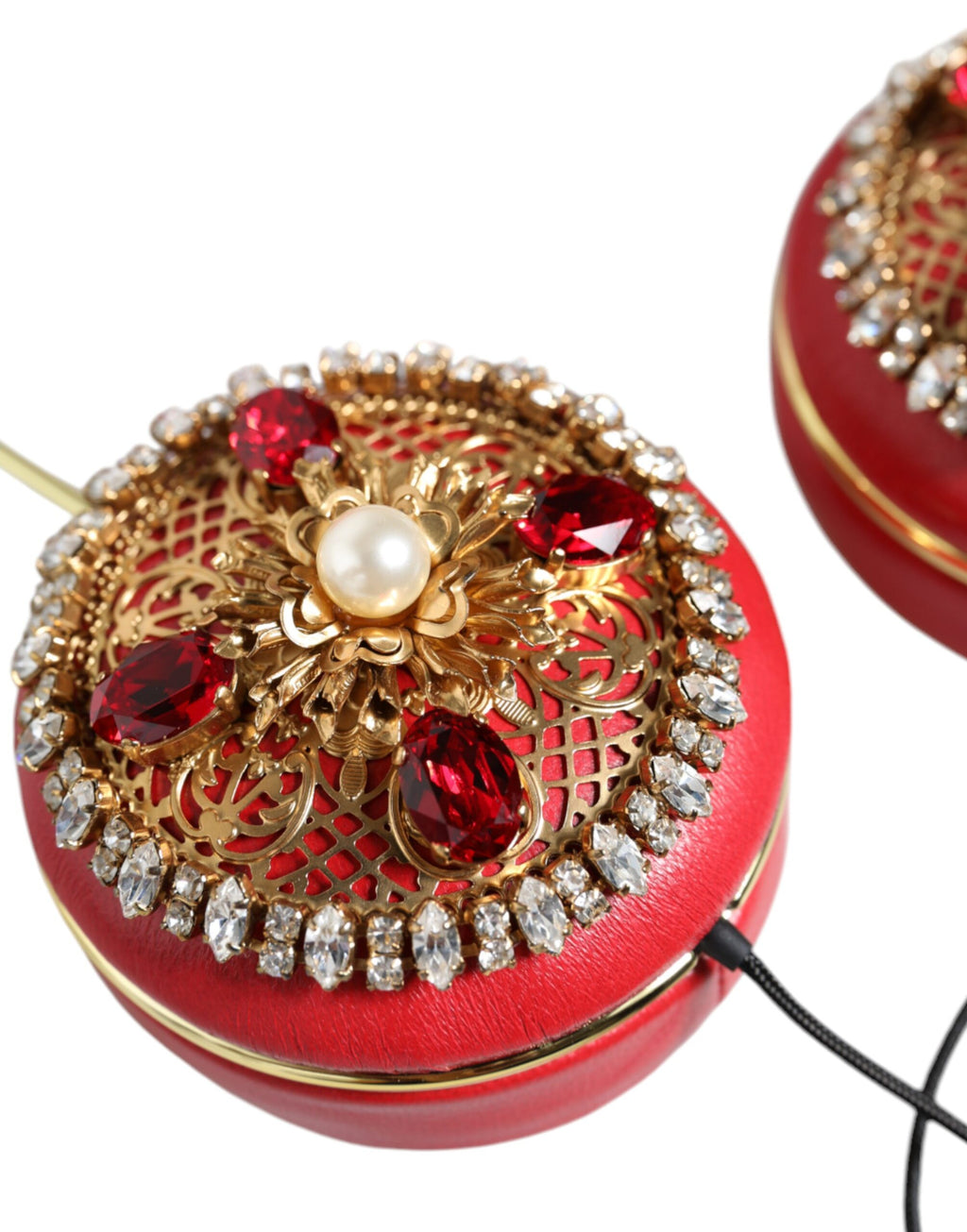 Dolce & Gabbana Red Nappa Leather Floral Crystal Headphone - Maison Luxe