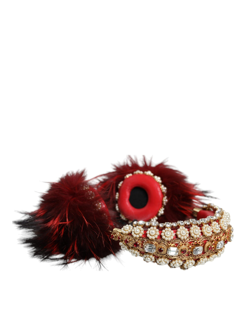 Dolce & Gabbana Red Gold Crystal Fur Headset Audio AUX Headphones - Maison Luxe