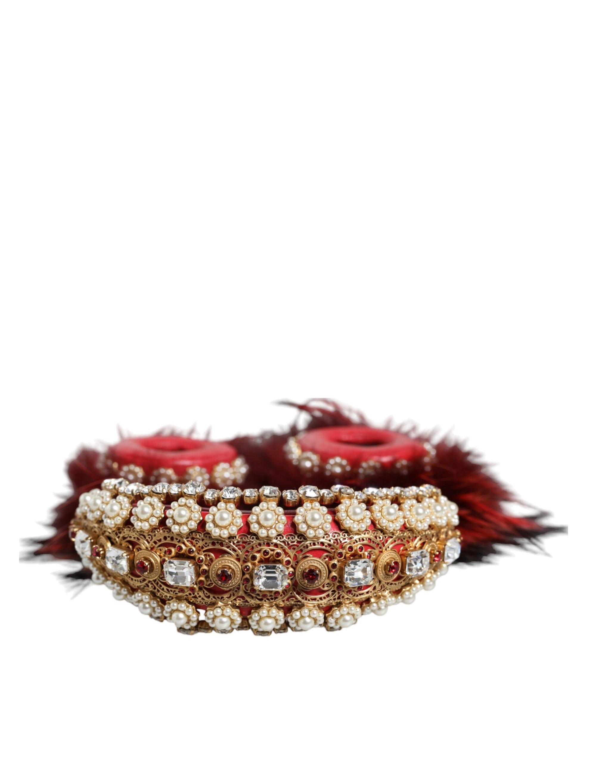 Dolce & Gabbana Red Gold Crystal Fur Headset Audio AUX Headphones - Maison Luxe