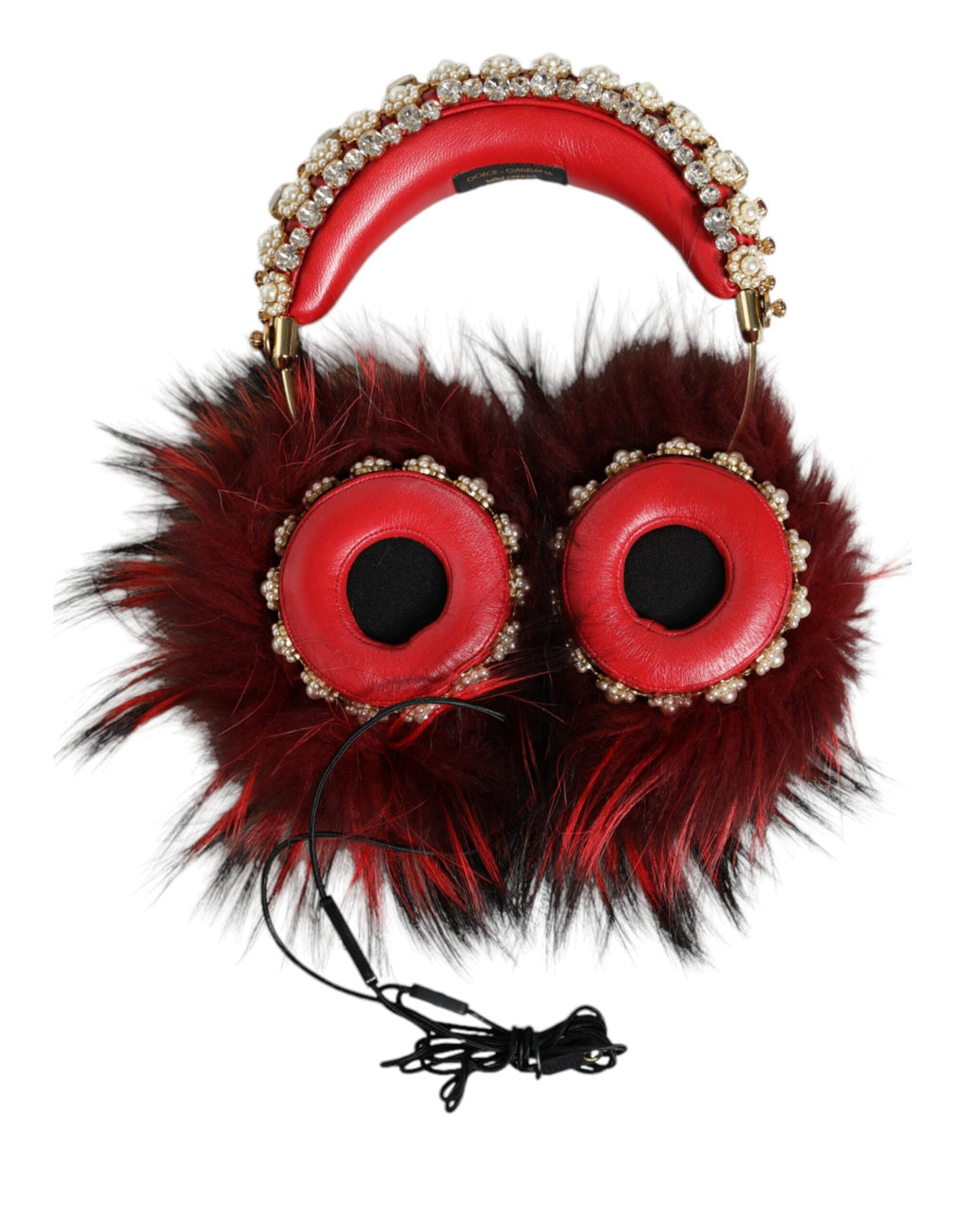 Dolce & Gabbana Red Gold Crystal Fur Headset Audio AUX Headphones - Maison Luxe
