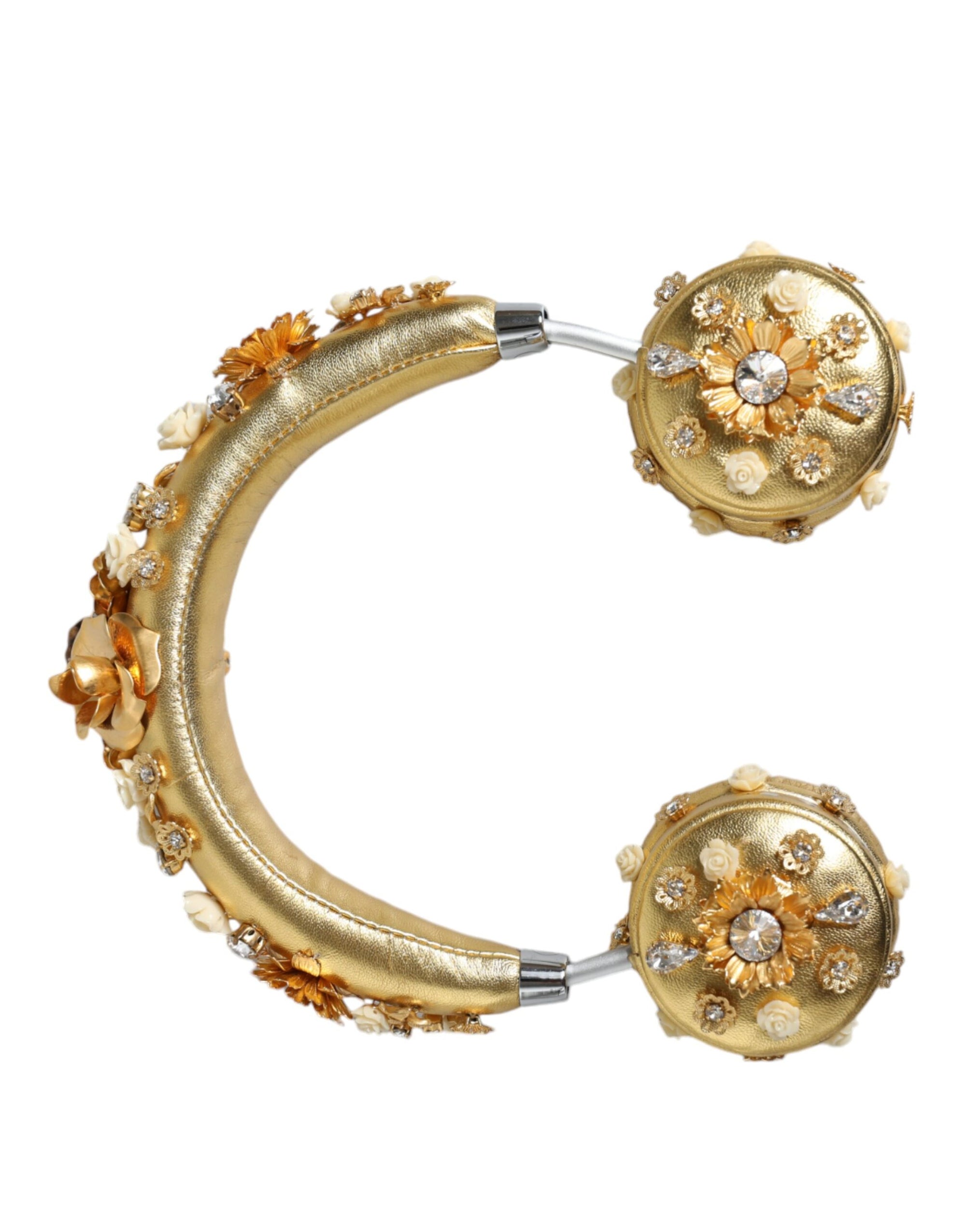 Dolce & Gabbana Gold Leather Floral Crystal Angel Headset Headphones - Maison Luxe
