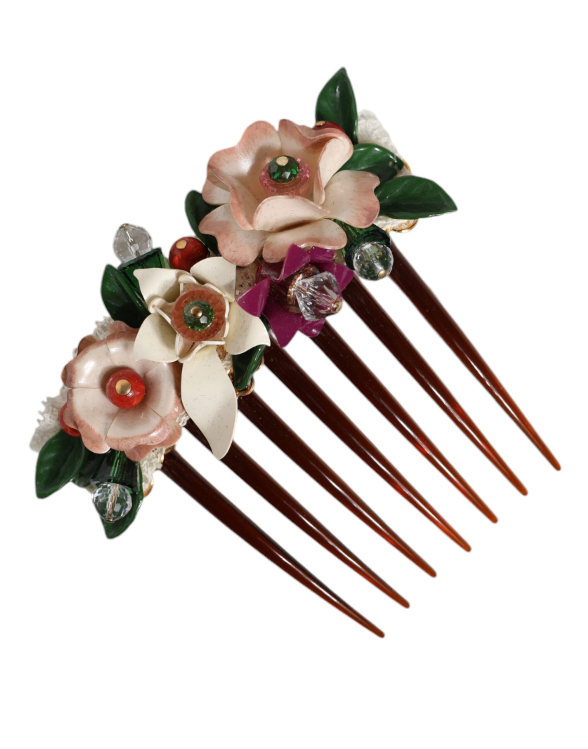 Dolce & Gabbana Brown Plastic Crystal Floral Women Hair Comb - Maison Luxe