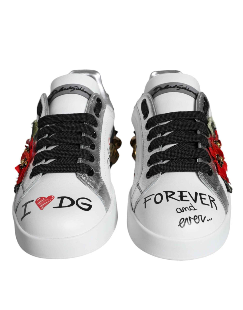 Dolce & Gabbana White Leather Floral Studded Sneakers Shoes