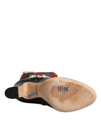 Dolce & Gabbana Black Roses Embellished Leather Heel Boots Shoes