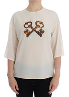 Dolce & Gabbana White Sequined Key Silk Blouse T-shirt Top