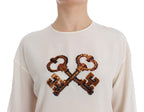 Dolce & Gabbana White Sequined Key Silk Blouse T-shirt Top
