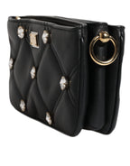 Dolce & Gabbana Black Leather Crystal Embellished Logo Shoulder Bag