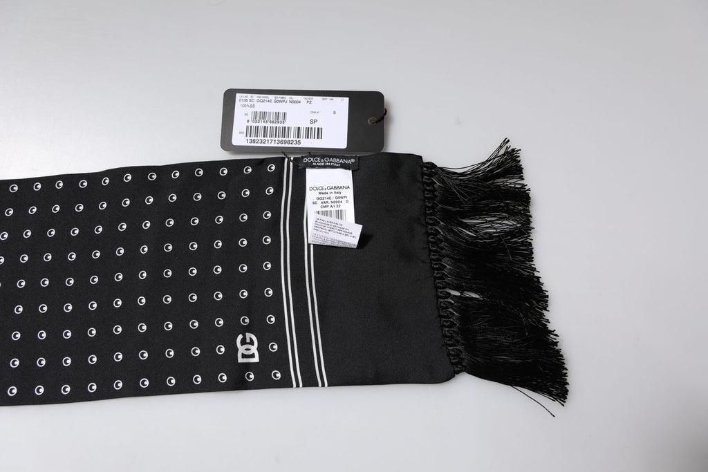 Dolce & Gabbana Black White Polka Dotted Silk Skinny Fringes Scarf