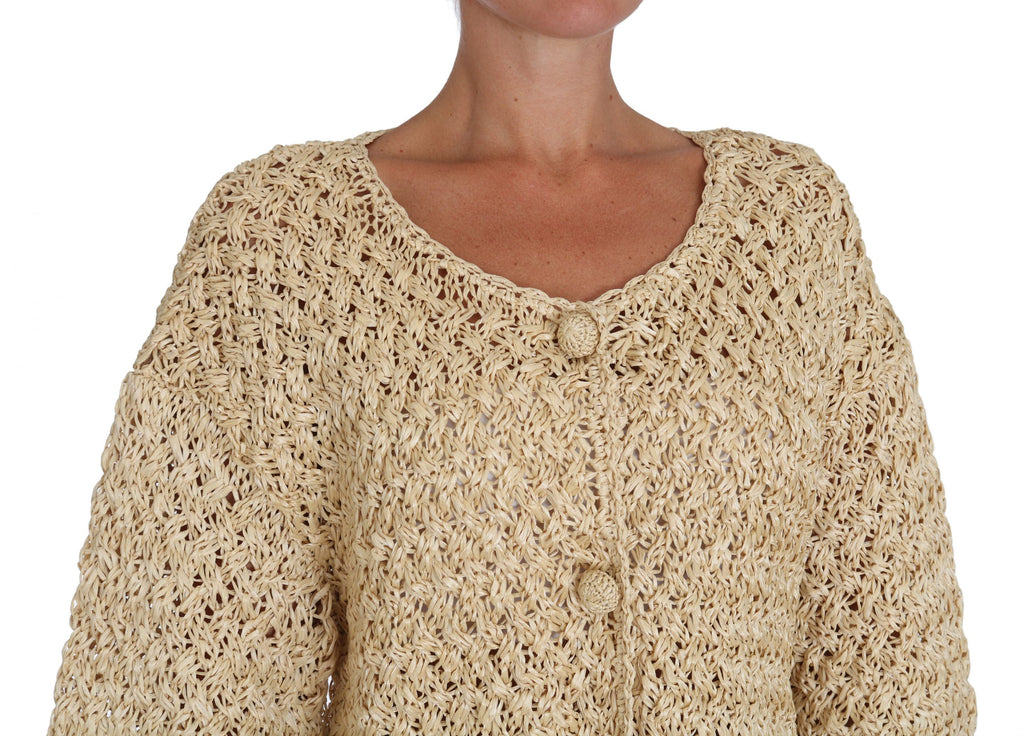 Dolce & Gabbana Beige Cardigan Crochet Knitted Raffia Sweater