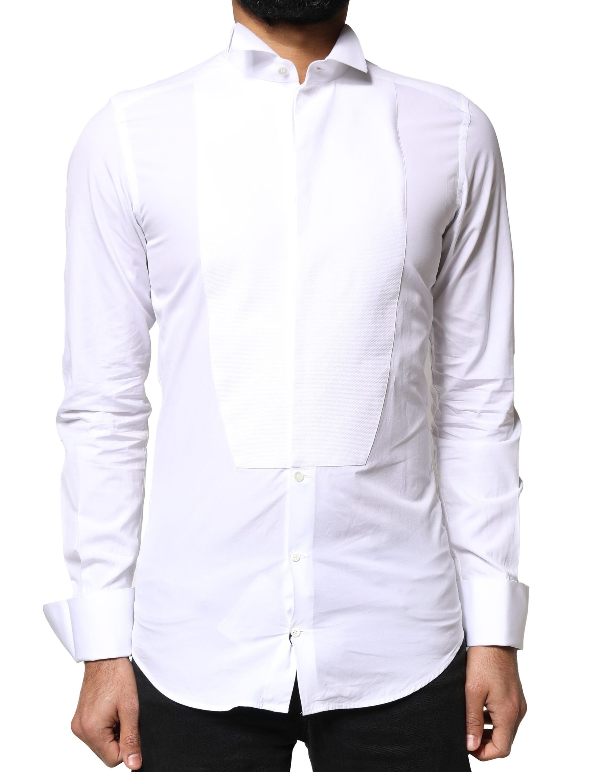 Dolce & Gabbana White GOLD Cotton Poplin Bib Formal Men Dress Shirt