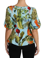 Dolce & Gabbana Multicolor Vegetable Print Silk Top Peplum Wrap Blouse