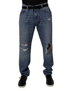 Dolce & Gabbana Blue Tattered Cotton Straight Denim Jeans