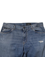 Dolce & Gabbana Blue Tattered Cotton Straight Denim Jeans