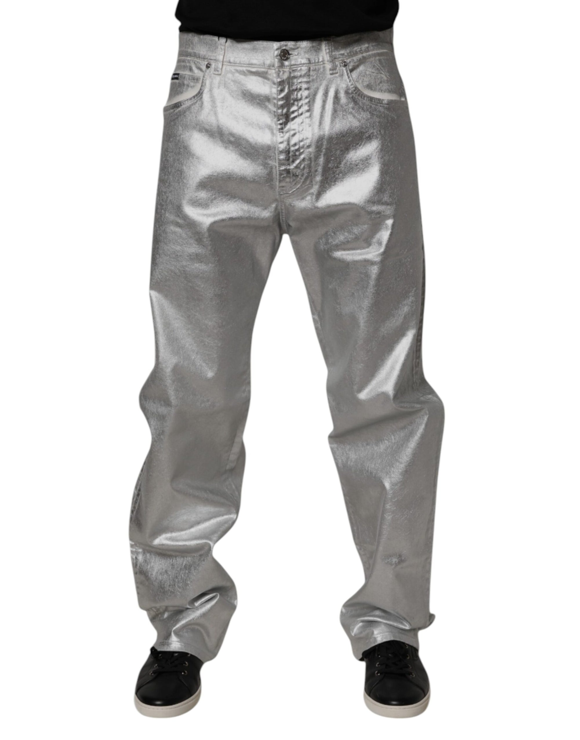 Dolce & Gabbana Metallic Silver Cotton Straight Denim Jeans