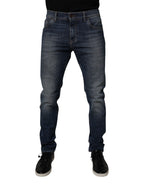 Dolce & Gabbana Dark Blue Cotton Leather Skinny Denim Jeans
