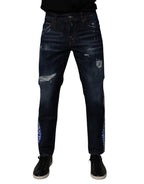 Dolce & Gabbana Dark Blue Cotton Tattered Skinny Denim Jeans