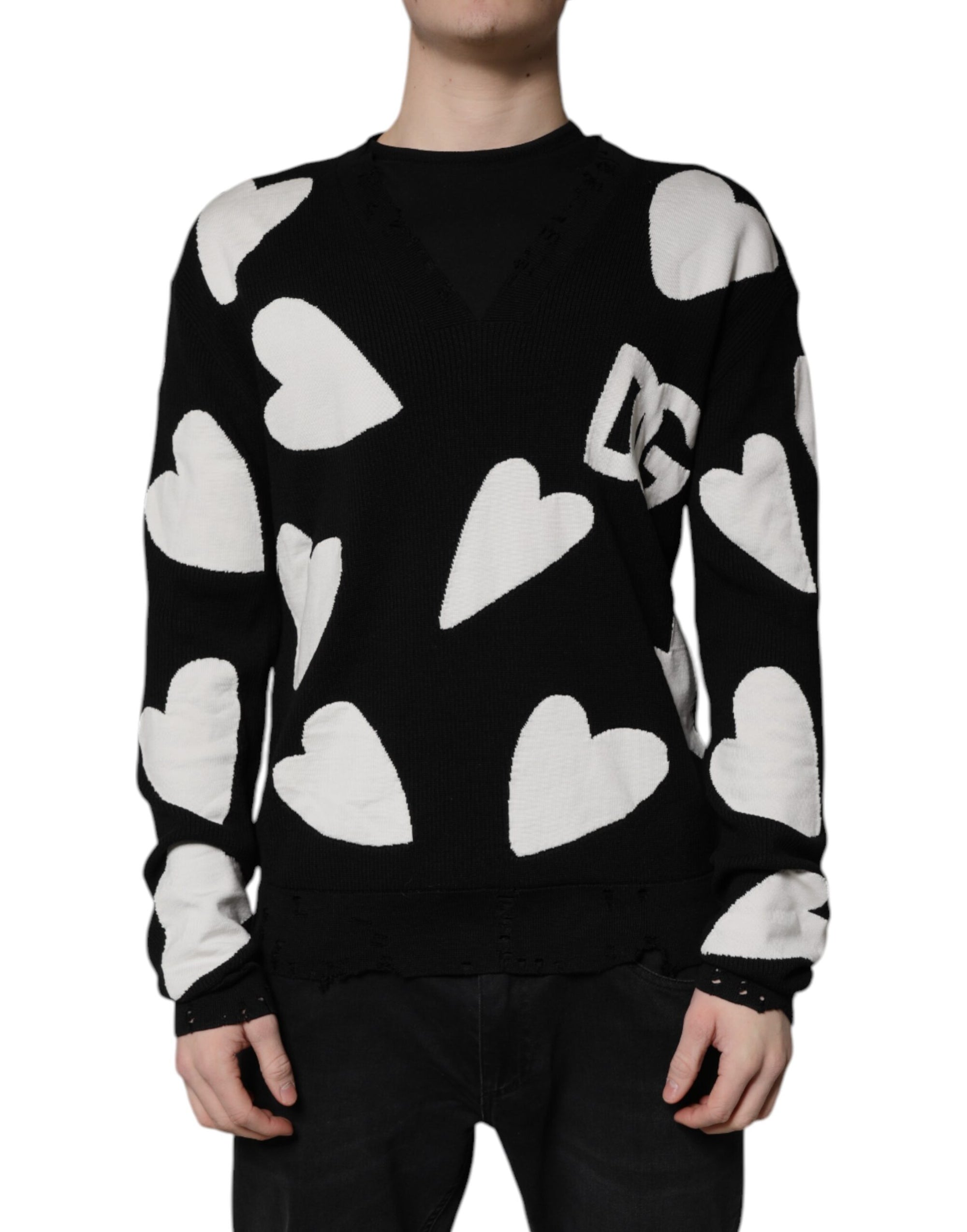 Dolce & Gabbana Black Hearts Silk Crew Neck Pullover Sweater