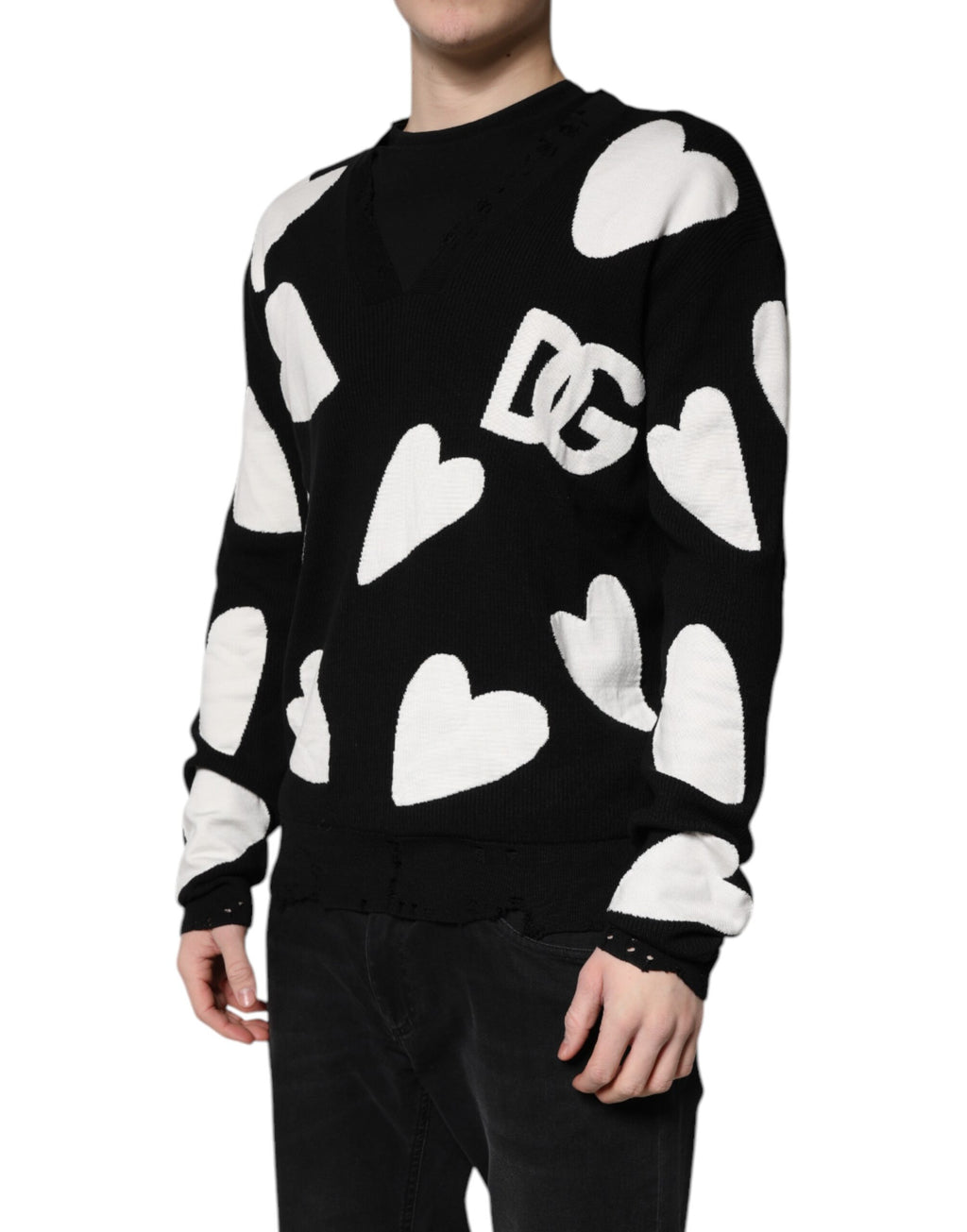 Dolce & Gabbana Black Hearts Silk Crew Neck Pullover Sweater