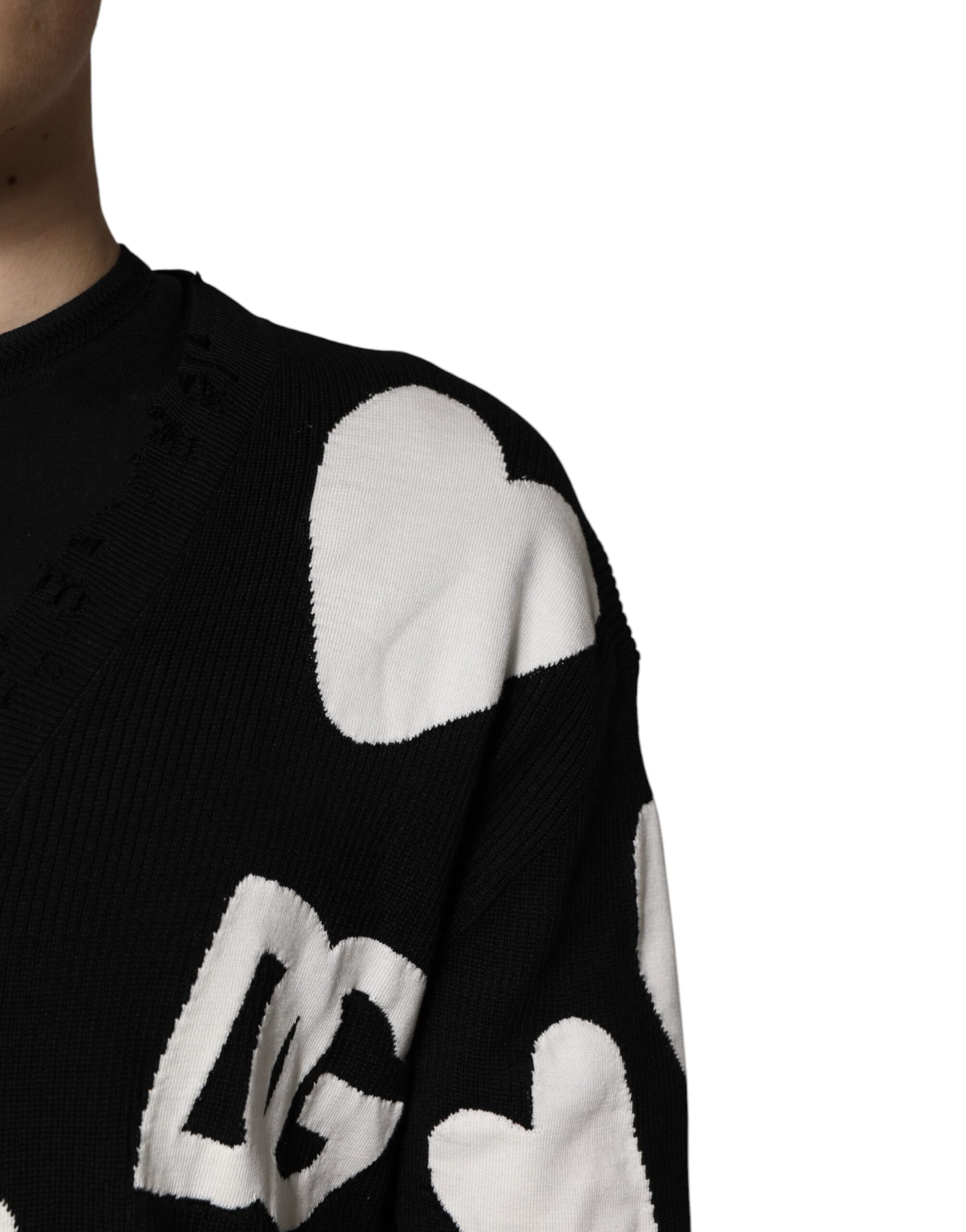 Dolce & Gabbana Black Hearts Silk Crew Neck Pullover Sweater