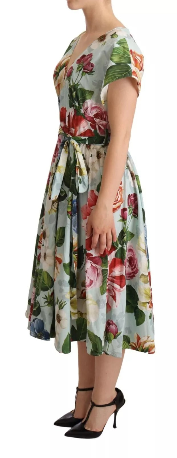 Dolce & Gabbana Green Floral Short Sleeves Cotton V-neck Dress