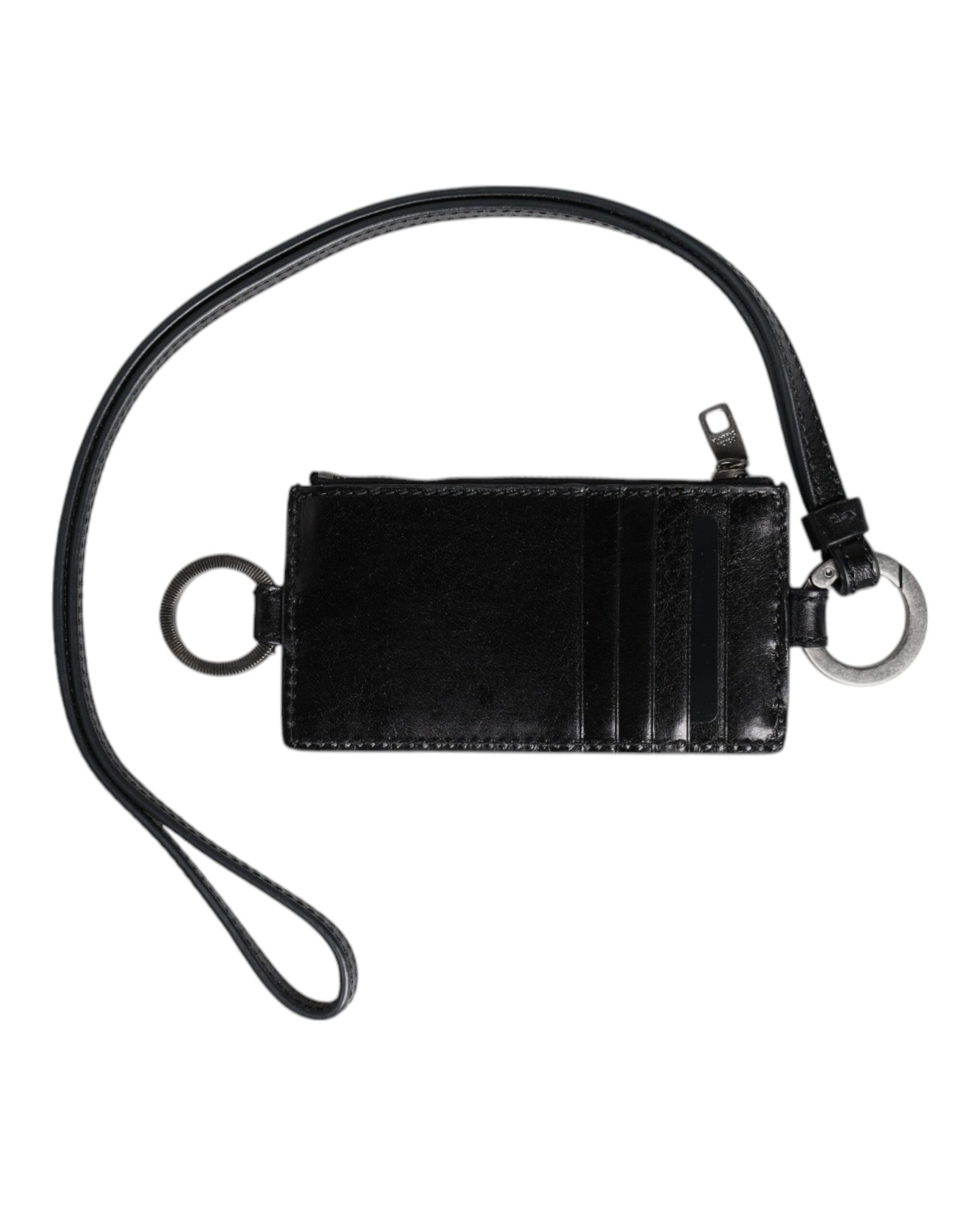 Dolce & Gabbana Black Leather Logo Embossed Lanyard Card Holder Wallet