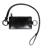 Dolce & Gabbana Black Leather Logo Embossed Lanyard Card Holder Wallet