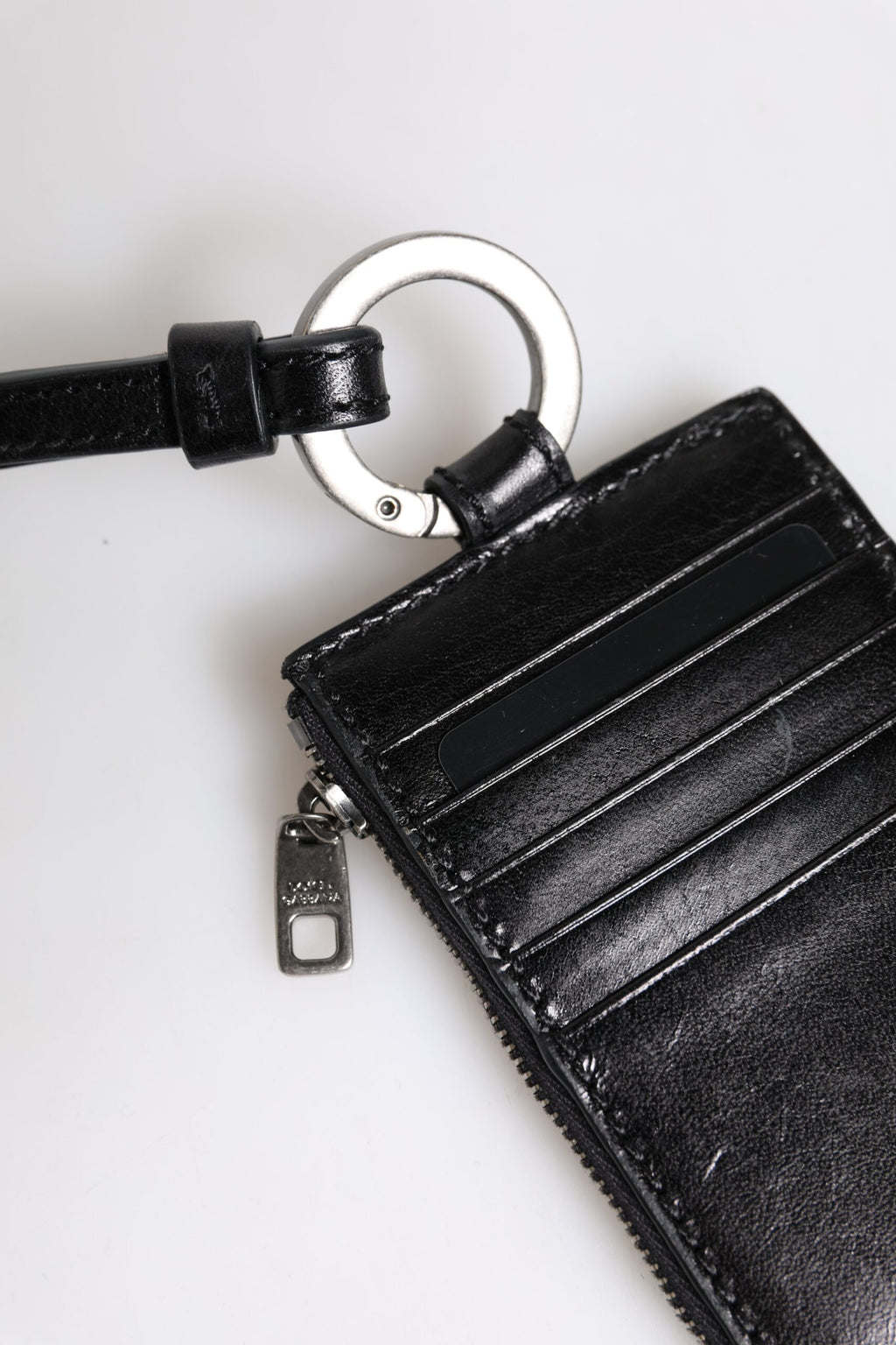 Dolce & Gabbana Black Leather Logo Embossed Lanyard Card Holder Wallet