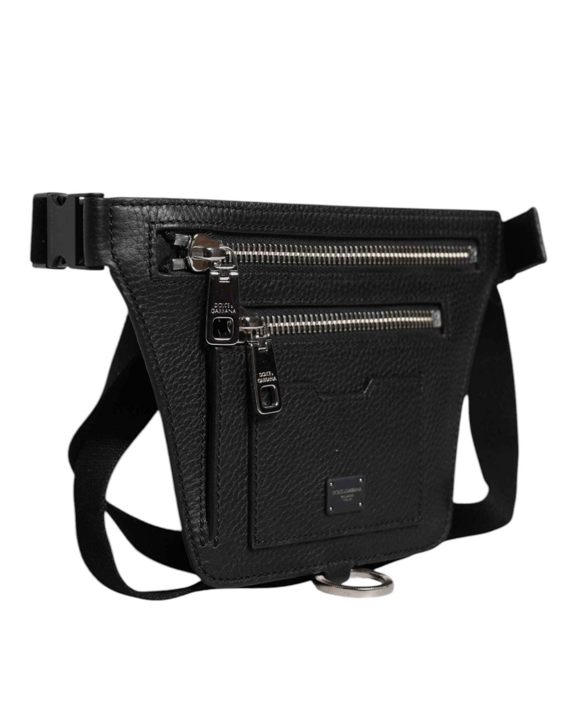 Dolce & Gabbana Black Calfskin Logo Plaque Belt Waist Men Fanny Pack Bag