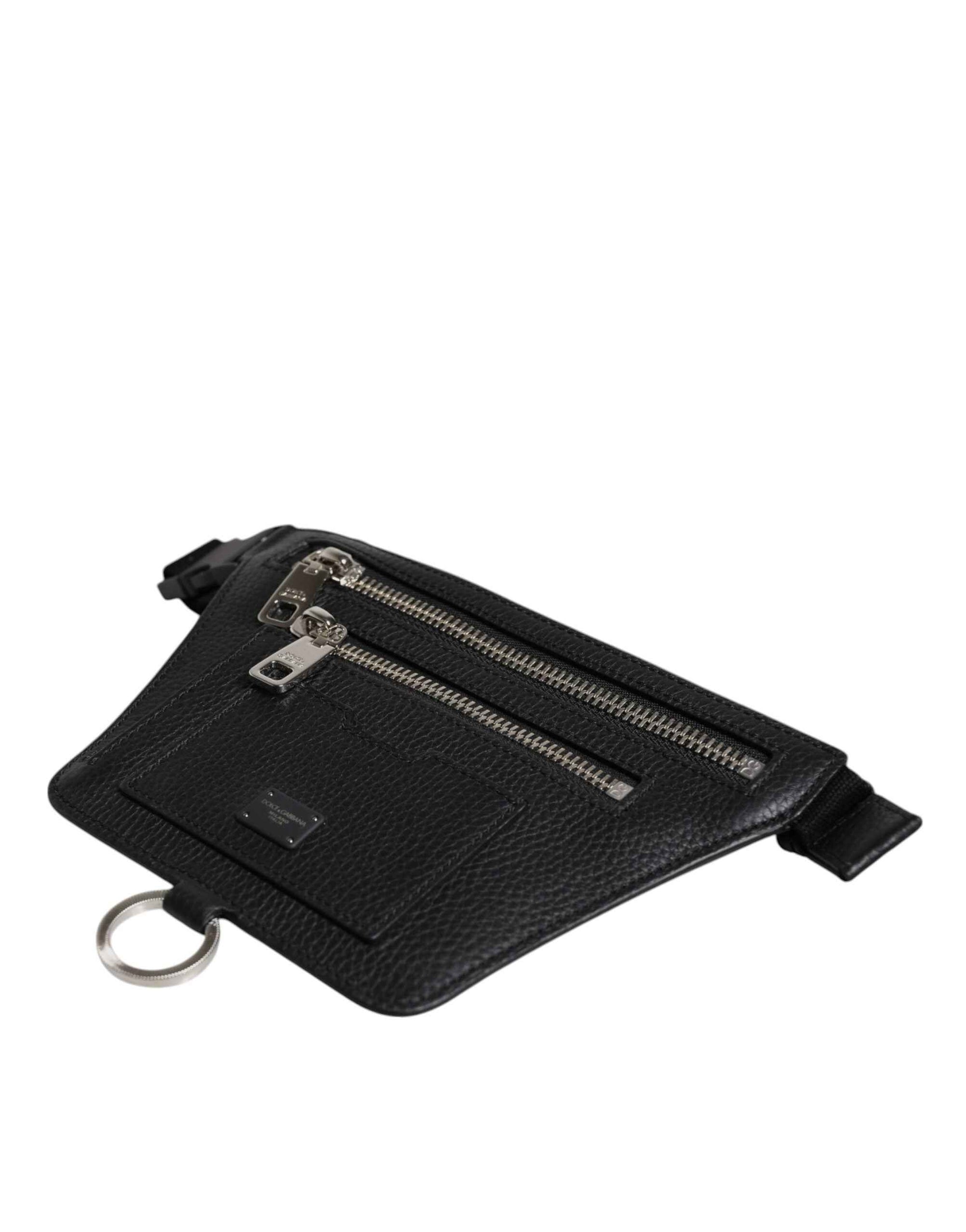 Dolce & Gabbana Black Calfskin Logo Plaque Belt Waist Men Fanny Pack Bag