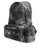 Dolce & Gabbana Gray Cotton Camouflage Logo Plaque Backpack Bag