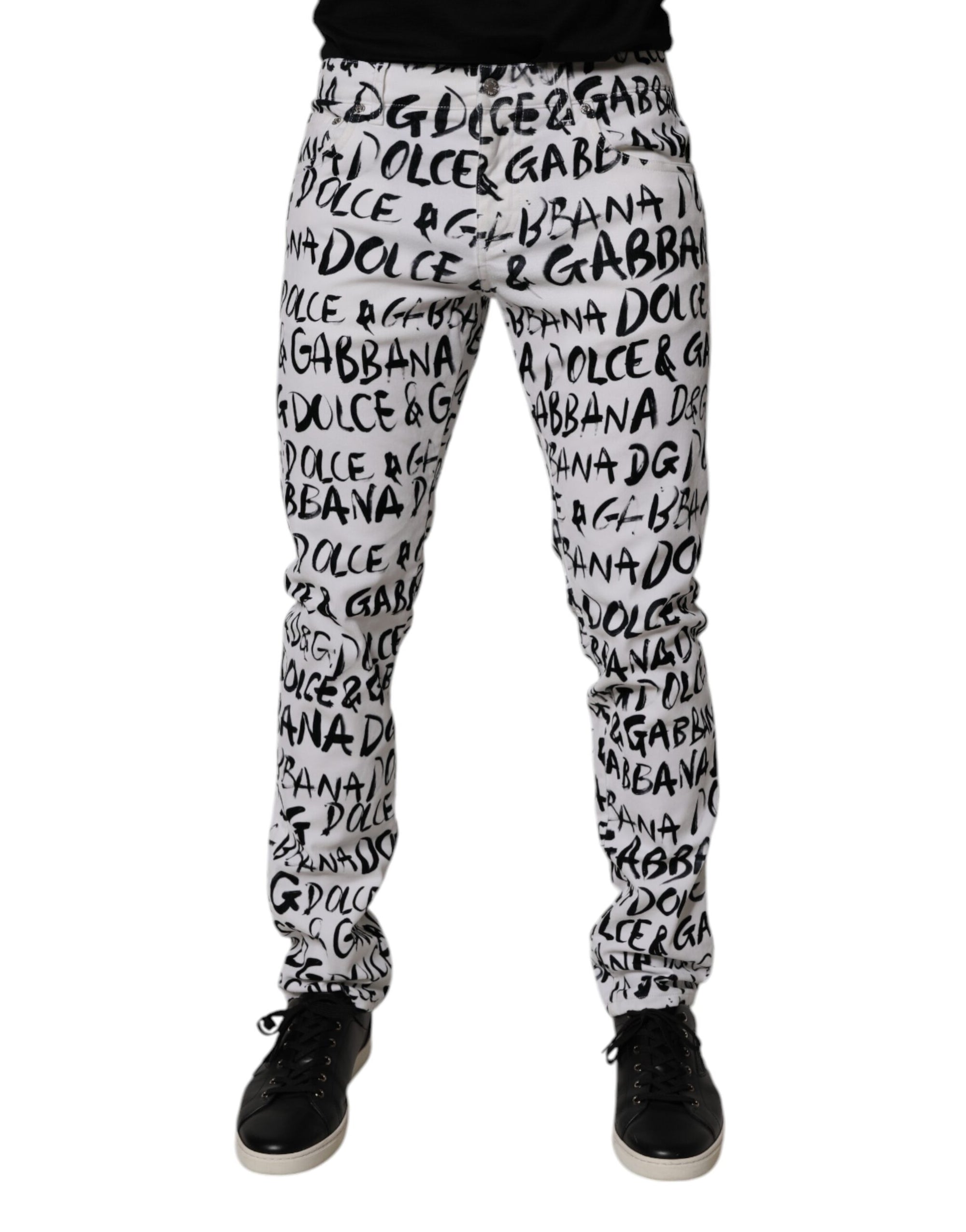 Dolce & Gabbana White Cotton Logo Print Skinny Denim Jeans