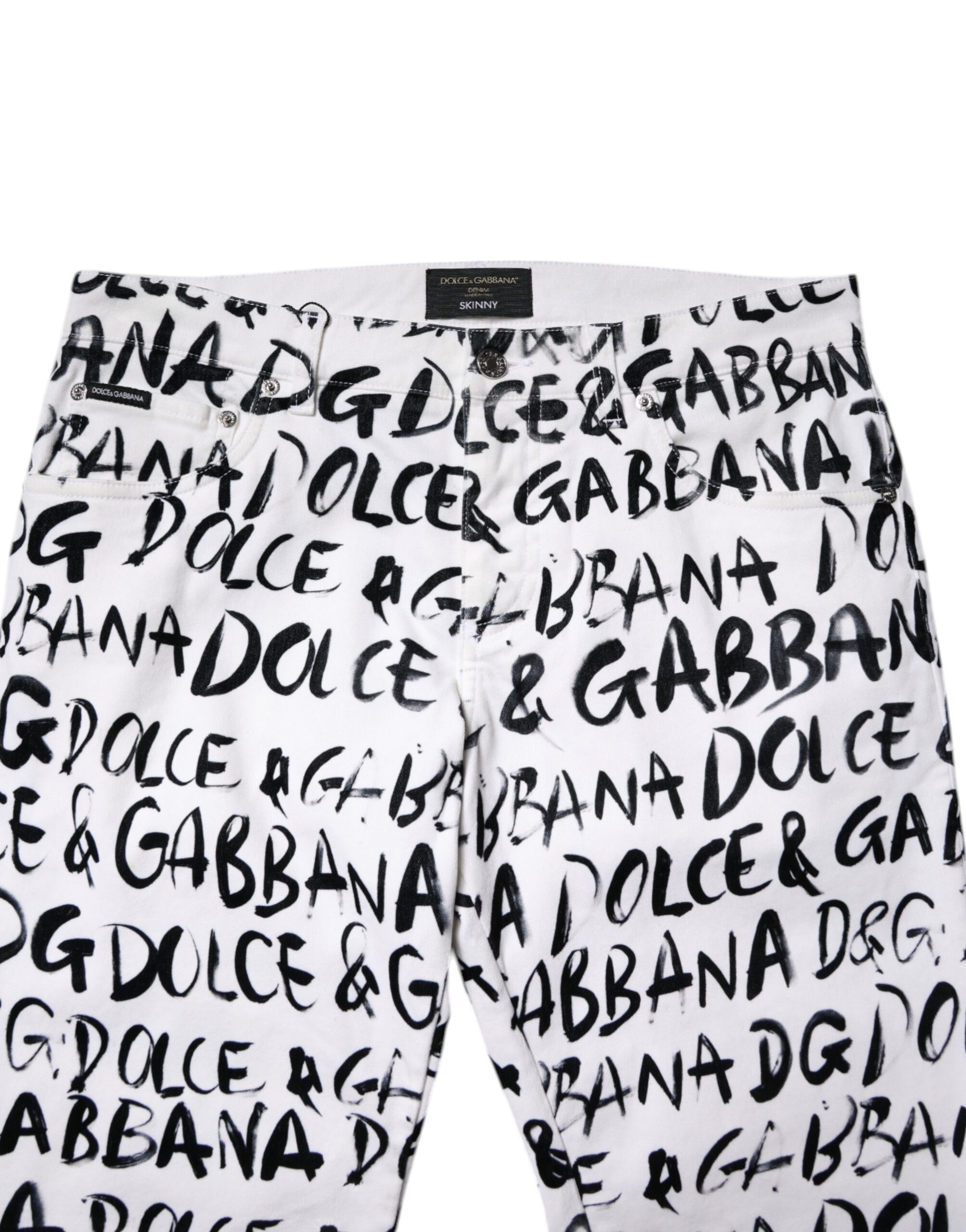 Dolce & Gabbana White Cotton Logo Print Skinny Denim Jeans