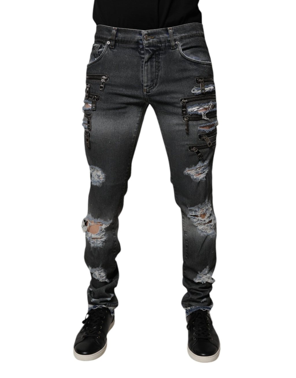 Dolce & Gabbana Dark Gray Tattered Cotton Skinny Denim Jeans