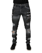 Dolce & Gabbana Dark Gray Tattered Cotton Skinny Denim Jeans