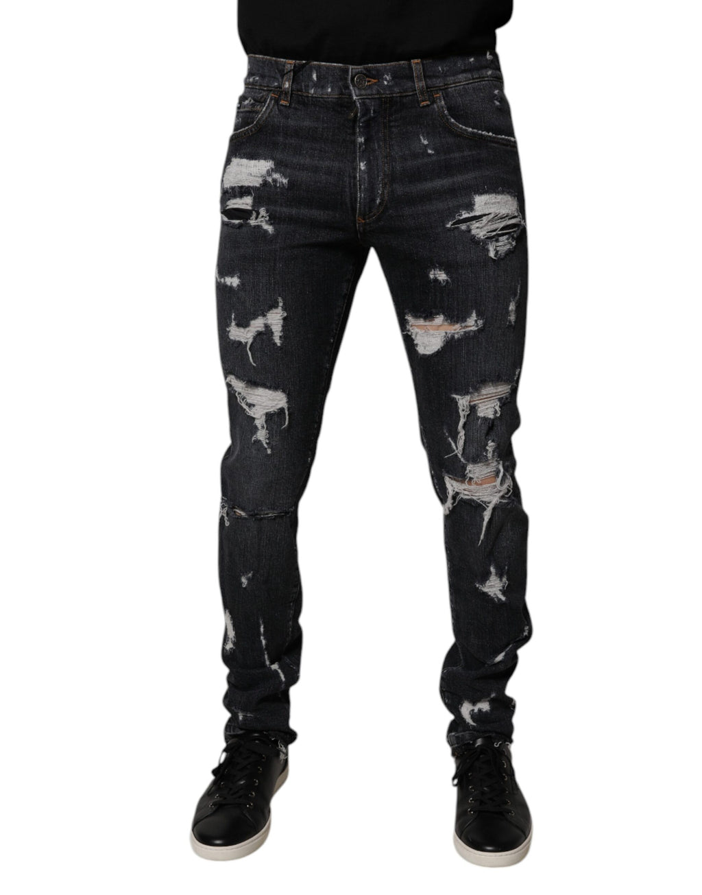 Dolce & Gabbana Black Tattered Cotton Skinny Men Denim Jeans