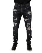 Dolce & Gabbana Black Tattered Cotton Skinny Men Denim Jeans
