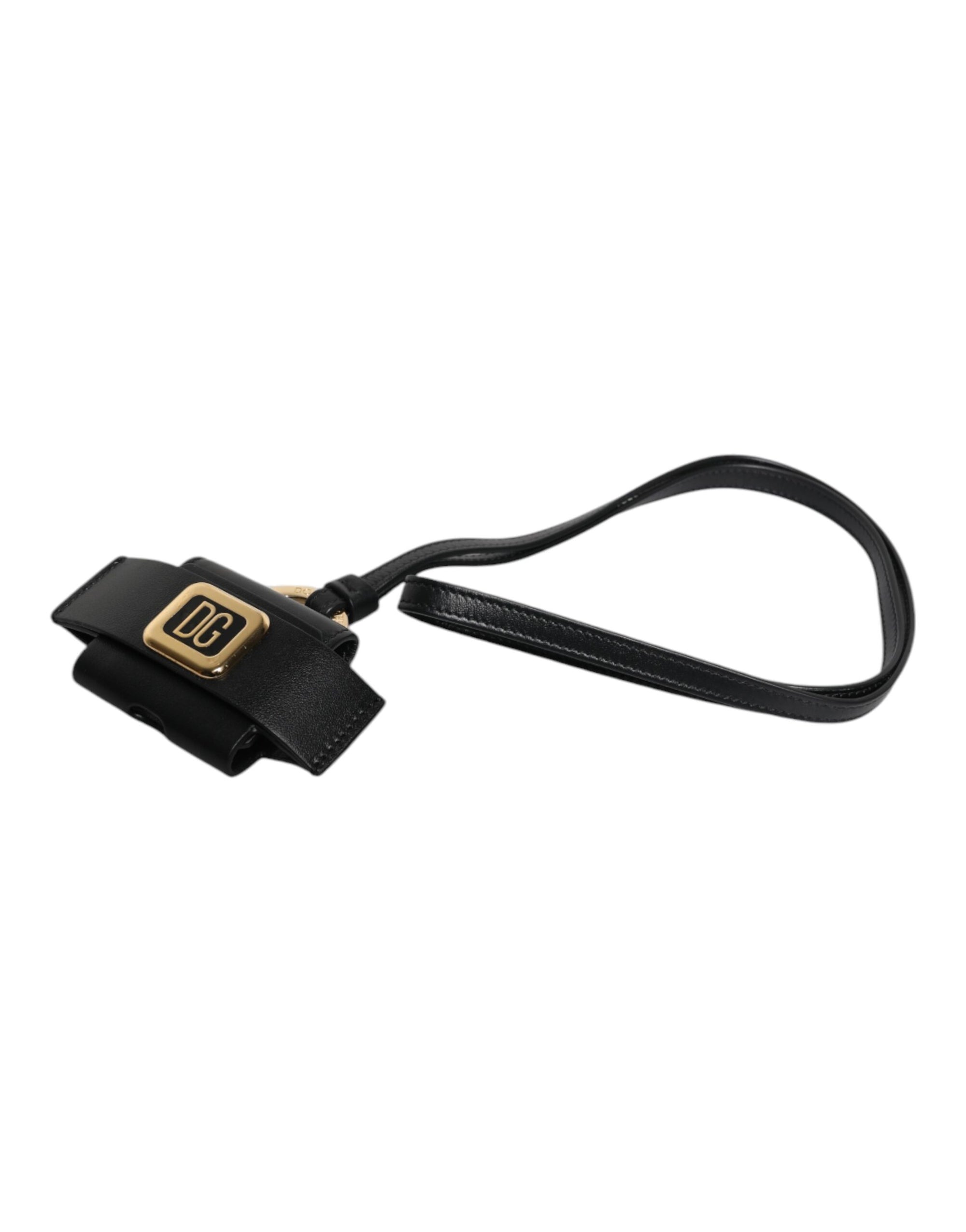Dolce & Gabbana Black Leather Strap Gold Metal Logo Plaque Airpods Case