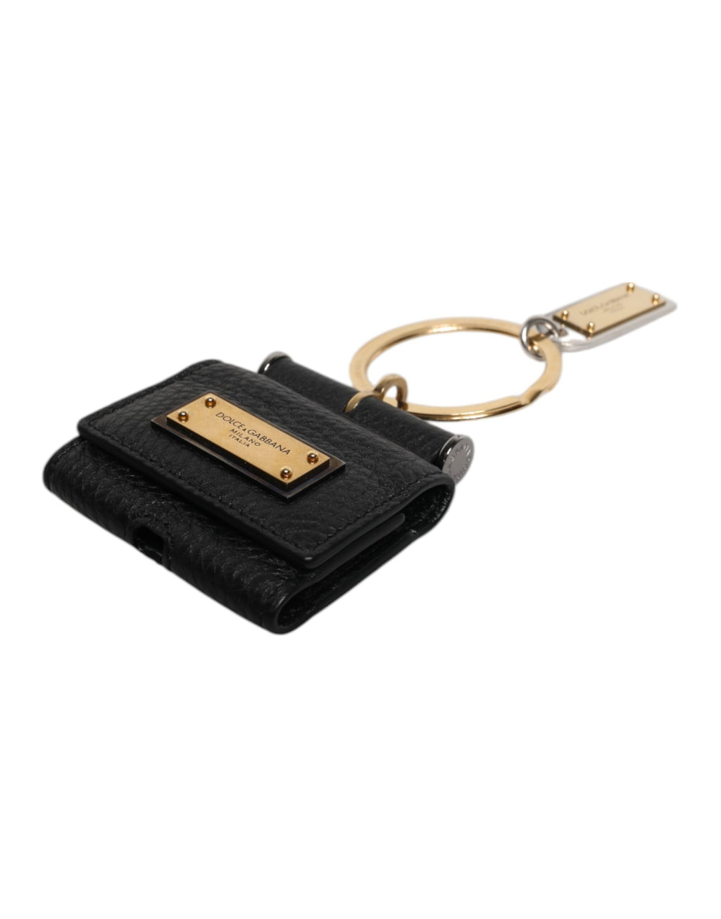 Dolce & Gabbana Black Leather Strap Gold Metal Logo Plaque Airpods Case