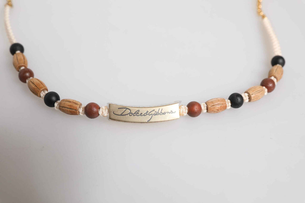 Dolce & Gabbana Black Gold Wooden Beaded Logo Pendant Necklace