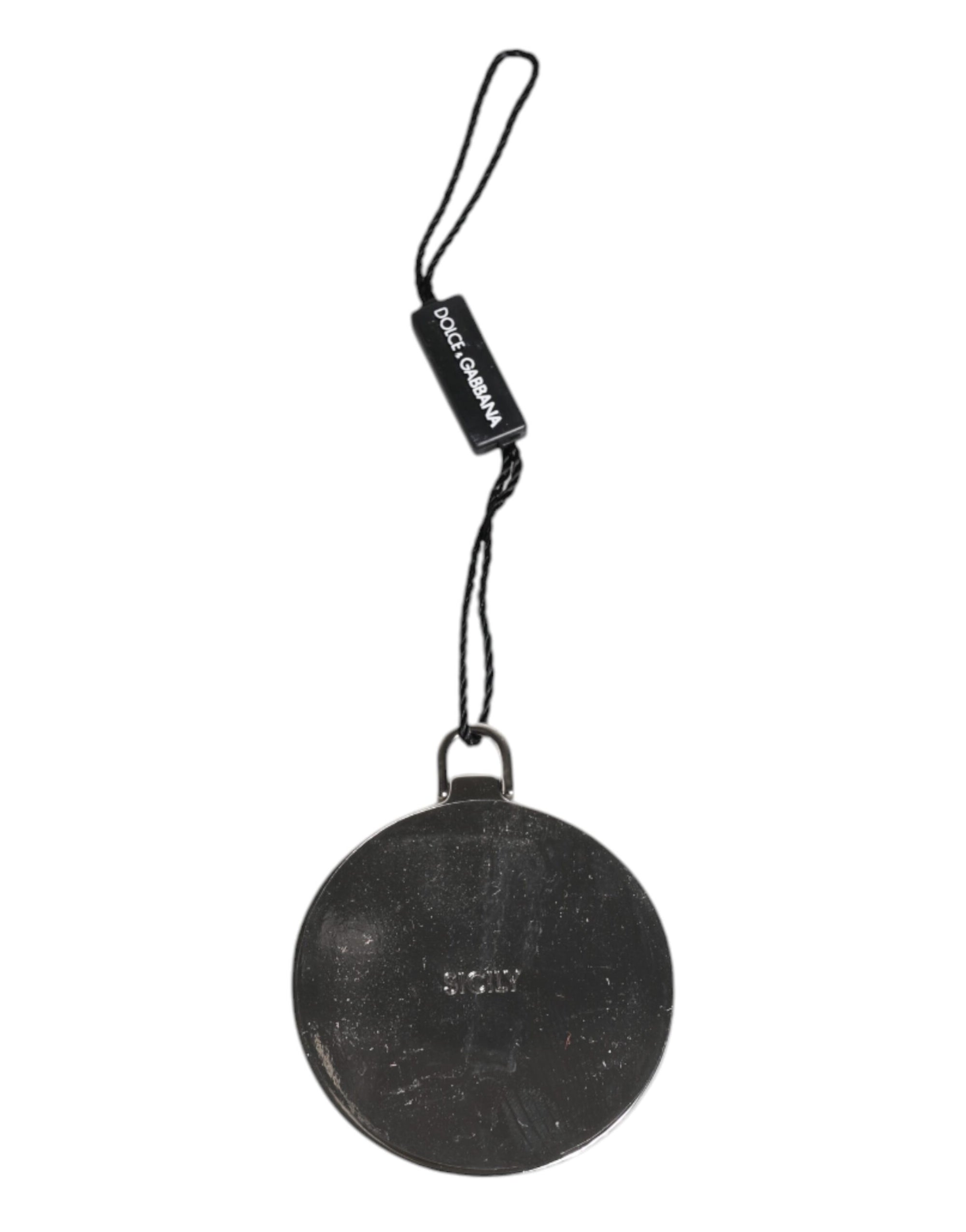 Dolce & Gabbana Green Calfskin Leather Round Logo Hand Mirror Holder