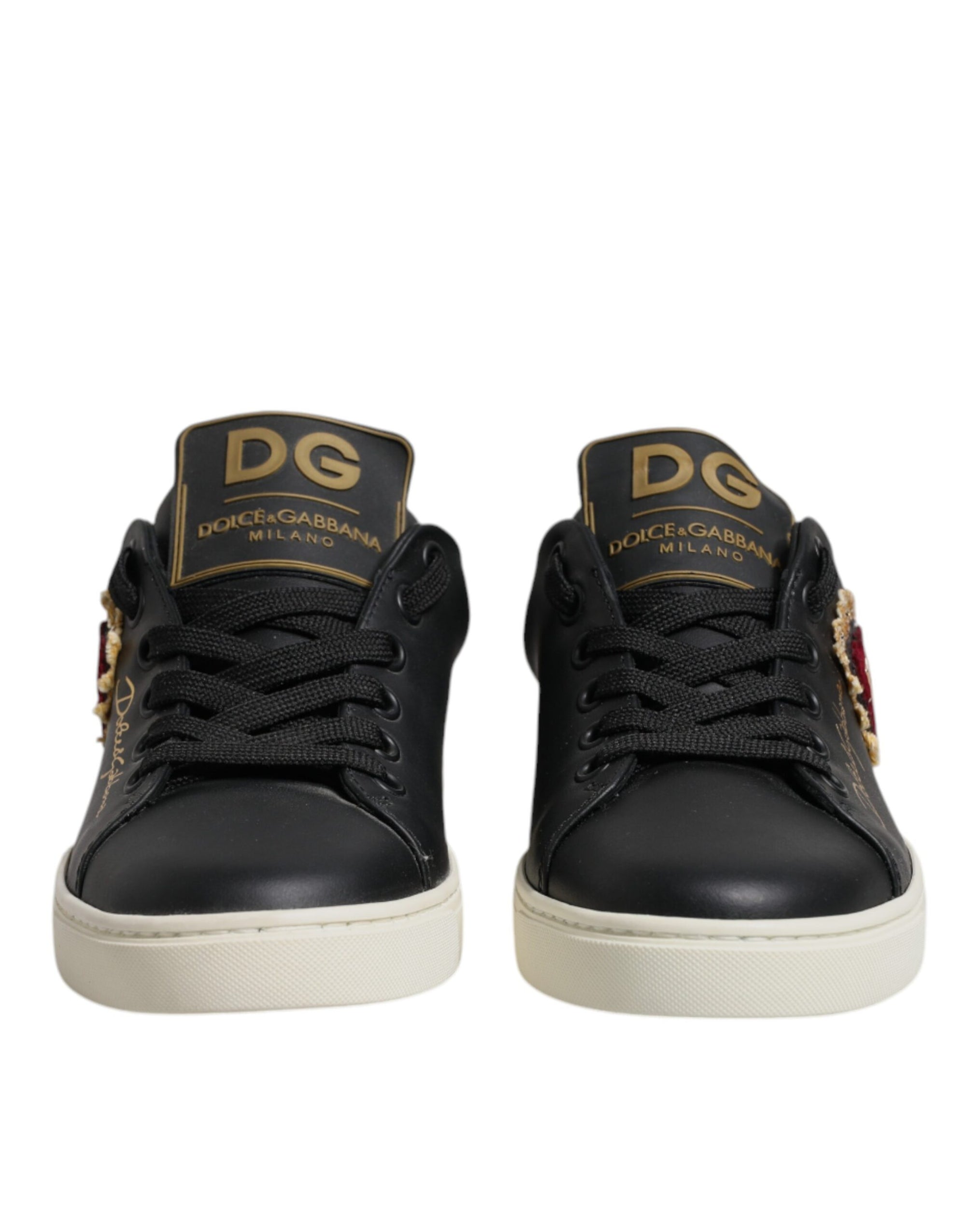 Dolce & Gabbana Black Leather Gold Red Heart Sneakers Shoes