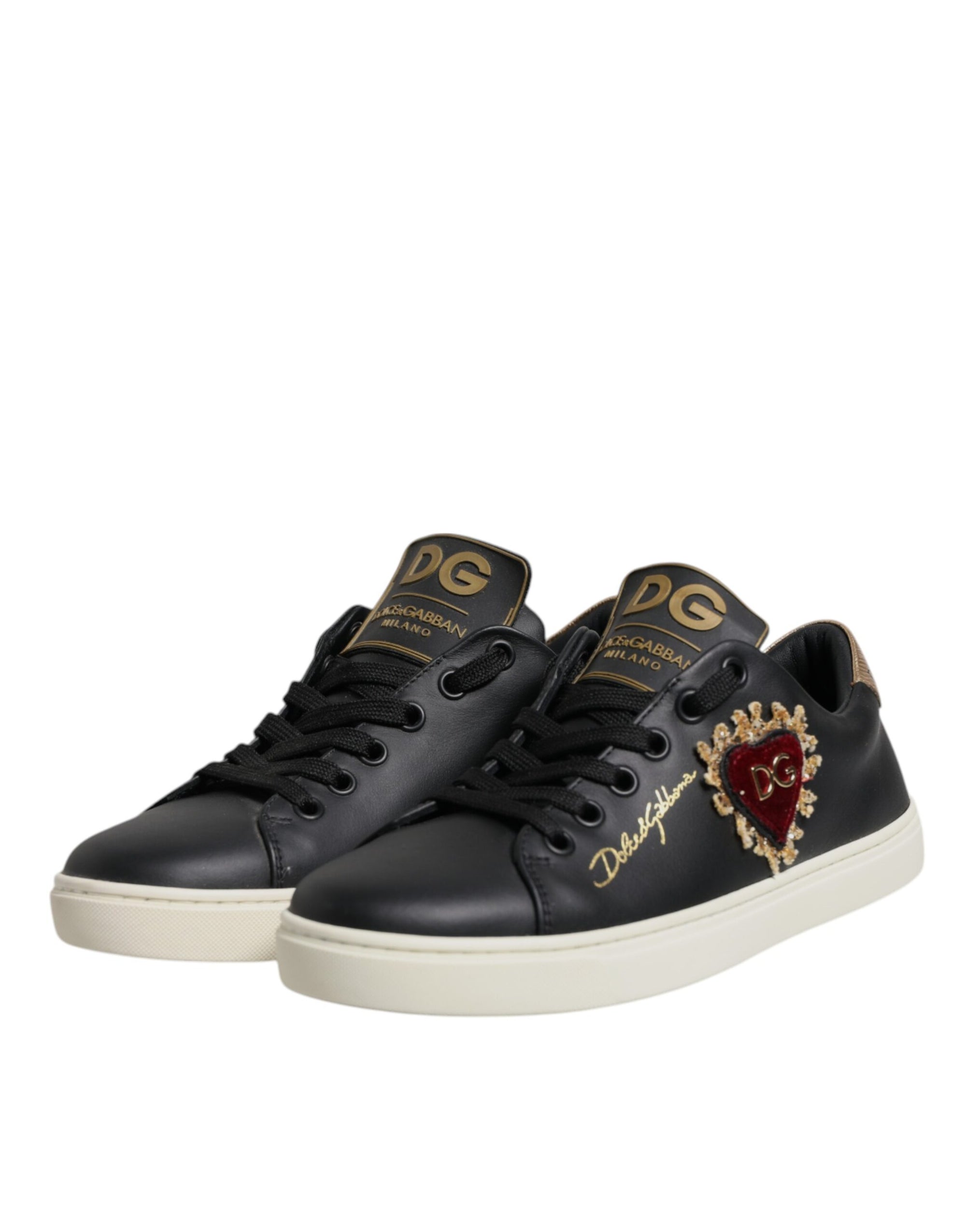 Dolce & Gabbana Black Leather Gold Red Heart Sneakers Shoes