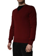 Dolce & Gabbana Maroon Cashmere V-neck Men Pullover Sweater