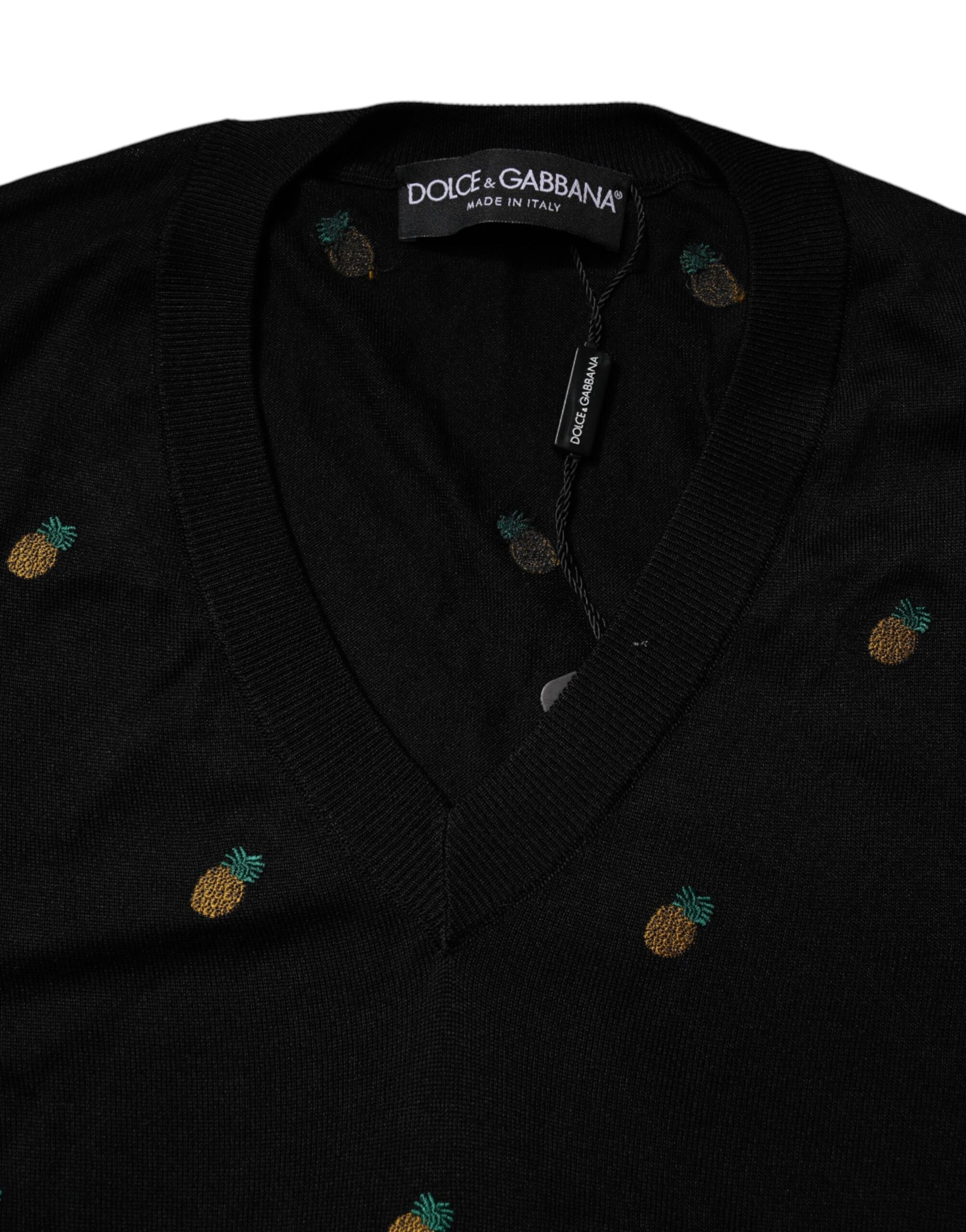 Dolce & Gabbana Black Pineapple Crew Neck Pullover Sweater
