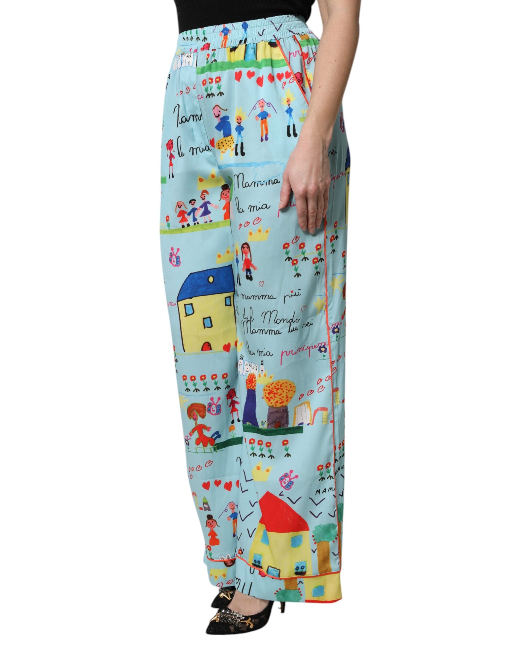Dolce & Gabbana Light Blue Drawing Mid Waist Wide Leg Pants