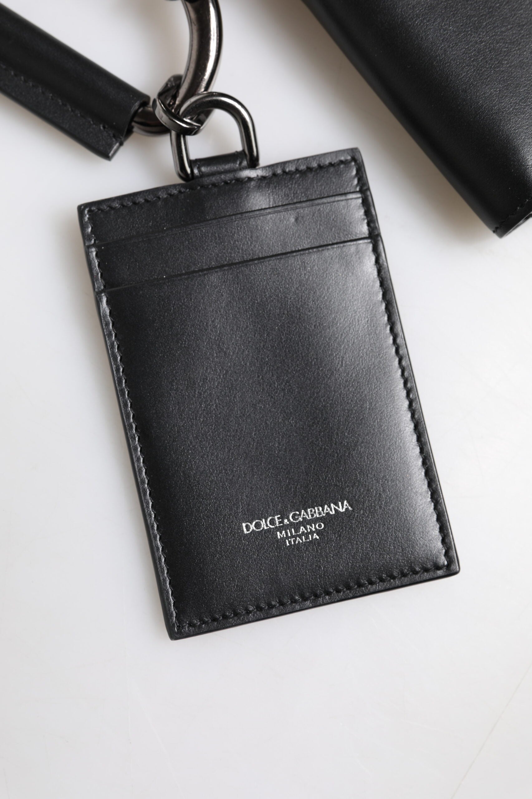 Dolce & Gabbana Black Leather Lanyard Zip Around Card Holder Wallet