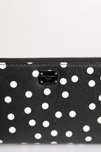 Dolce & Gabbana Black White Dotted Leather Zip Around Continental Wallet